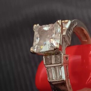Square-Cut Silver Tone Ring with Clear Center Stone